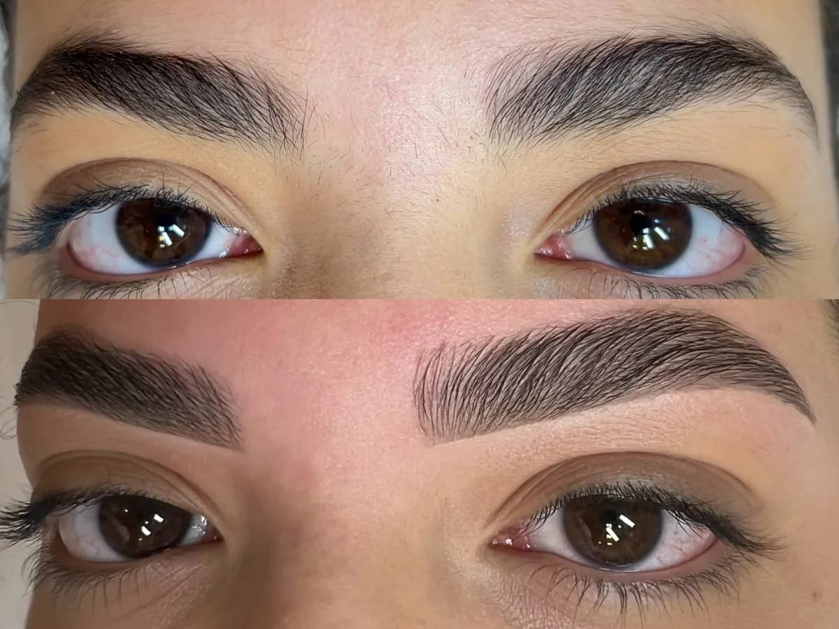 Comparação de dois momentos das sobrancelhas de uma mulher, antes e depois do alinhamento dos fios